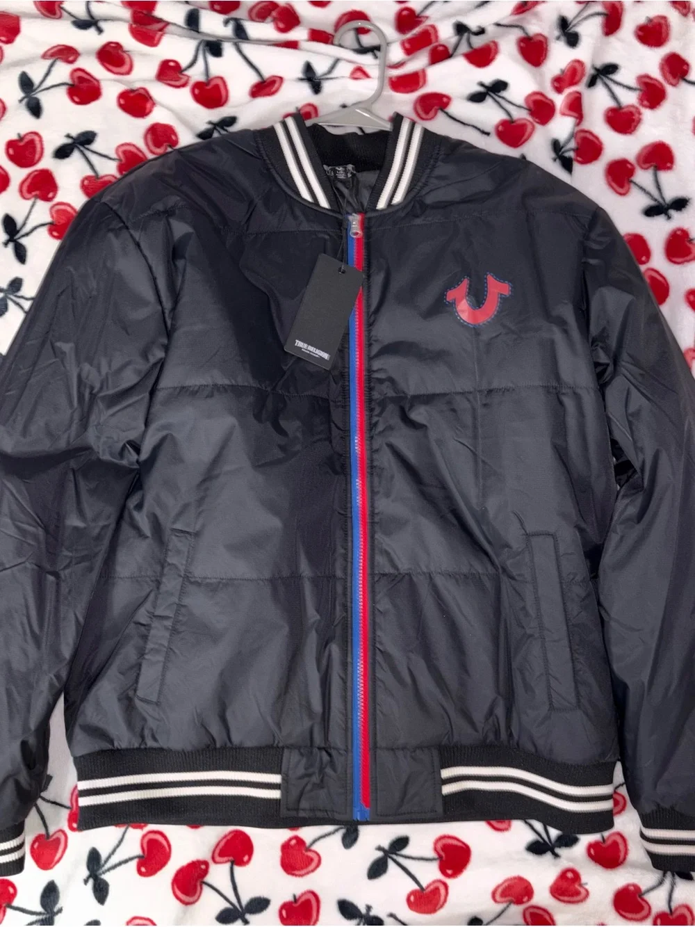 True Religion Black Bomber Jacket with Red & Blue Trim